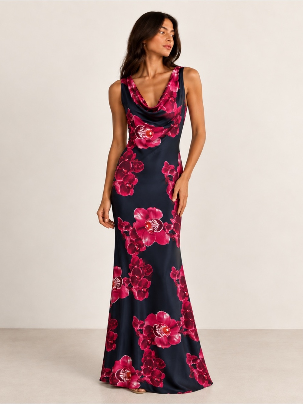 Paper Heart Anthropologie Floral Orchid Cowl Neck Maxi Dress Navy Pink NWT